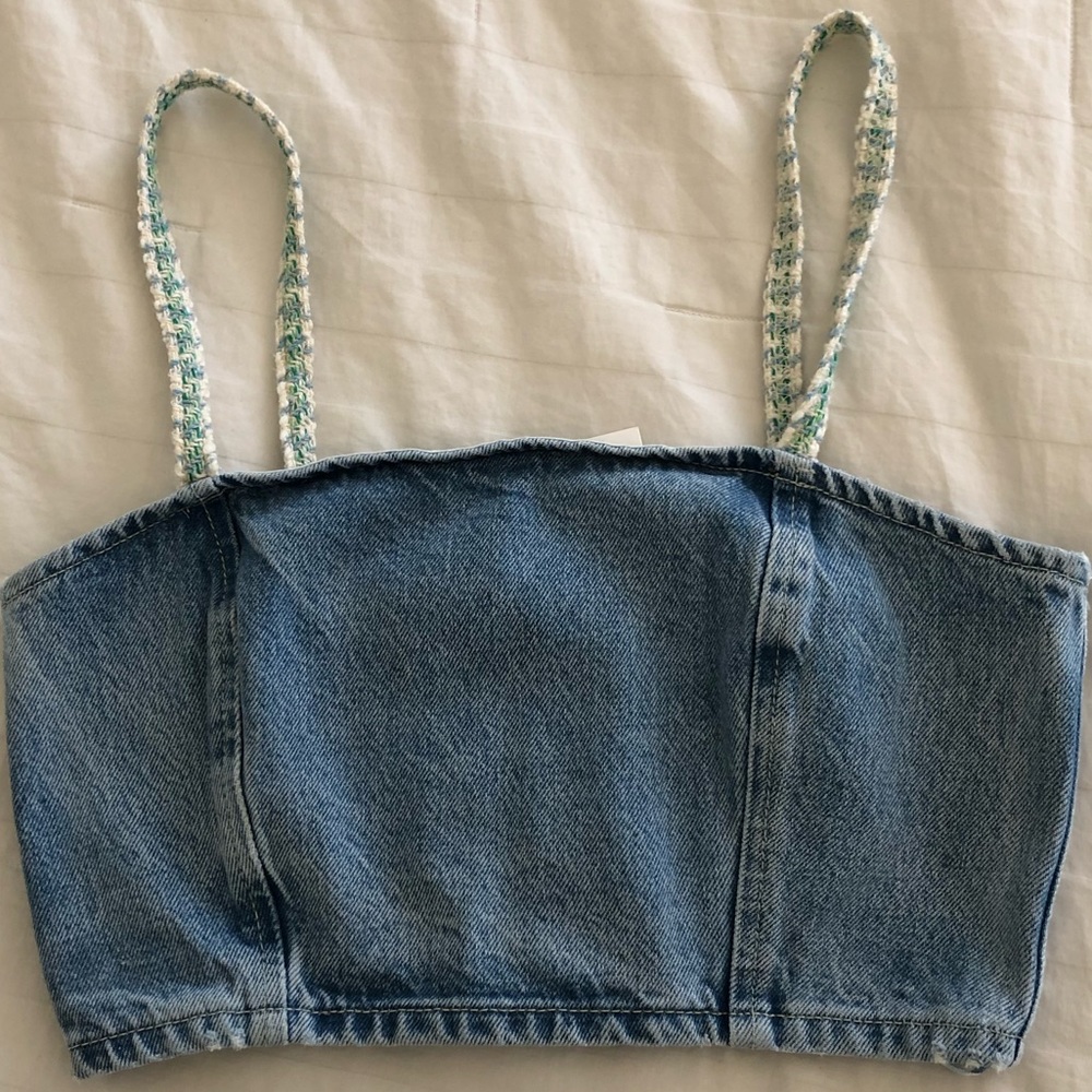 Zara denim crop top with green blue and white tweed detail.